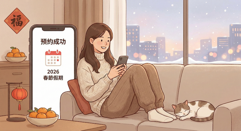 消費者透過手機完成春節線上預約，避免連假排隊的示意圖