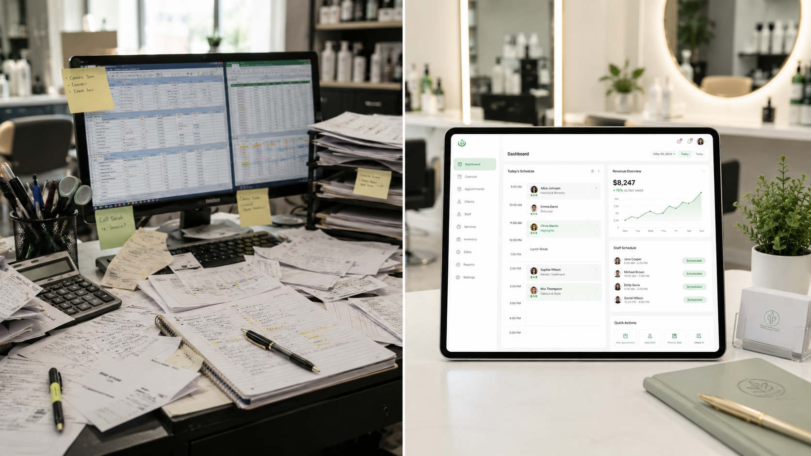 美業店家用多份 Excel 與用一套系統管店的雜亂對整齊對比