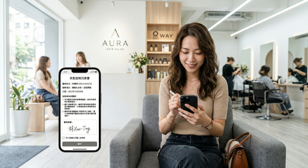 美業店家使用手機線上簽署顧客同意書示意圖