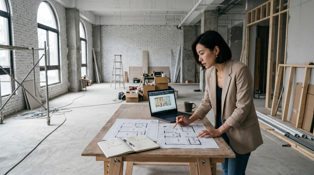 開店籌備者在空的美容沙龍店面中攤開設計圖與筆電規劃系統架構