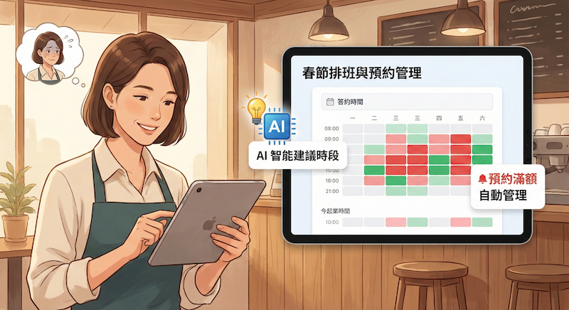 店家使用 AI 預約系統進行春節排班與預約管理的情境示意