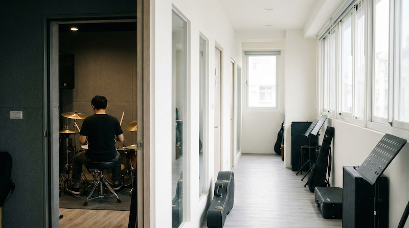 空間租借情境示意：台中音樂店二樓獨立練習室，使用者到店練習樂器（示意圖，非報導照片）