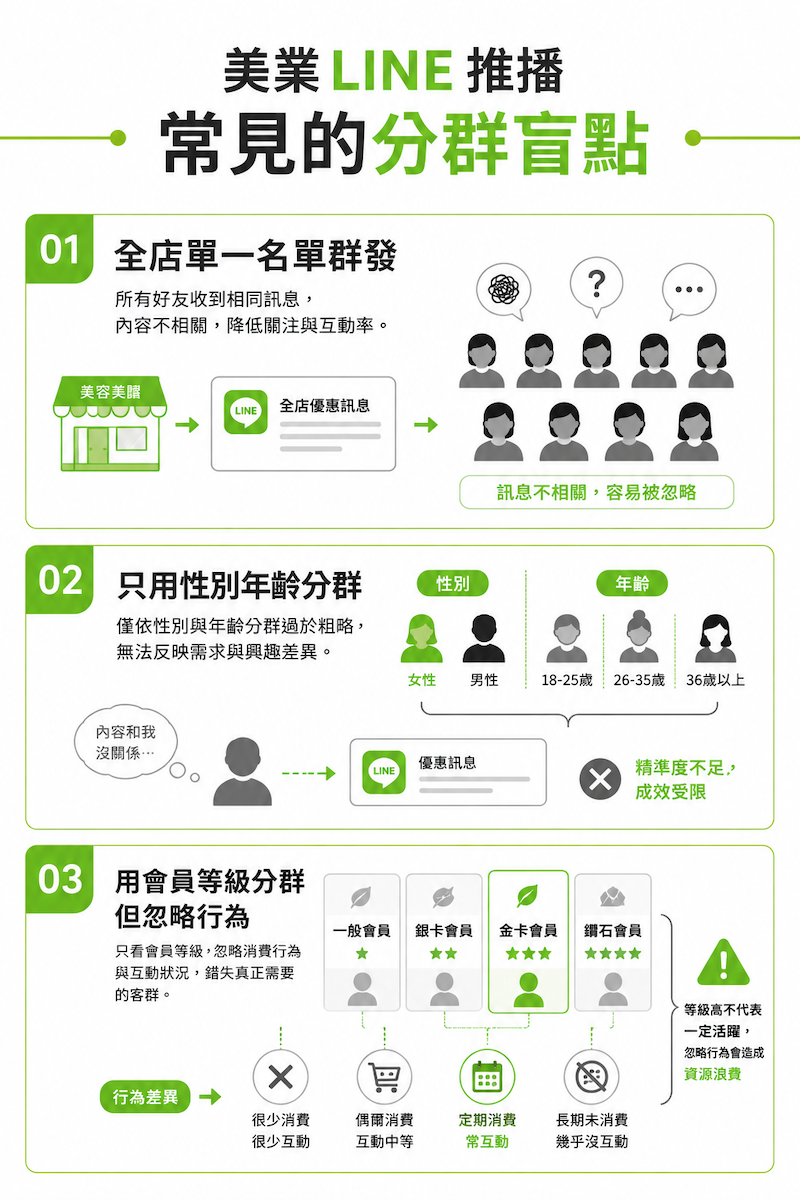 美業 LINE 推播常見三種分群盲點的視覺化說明圖