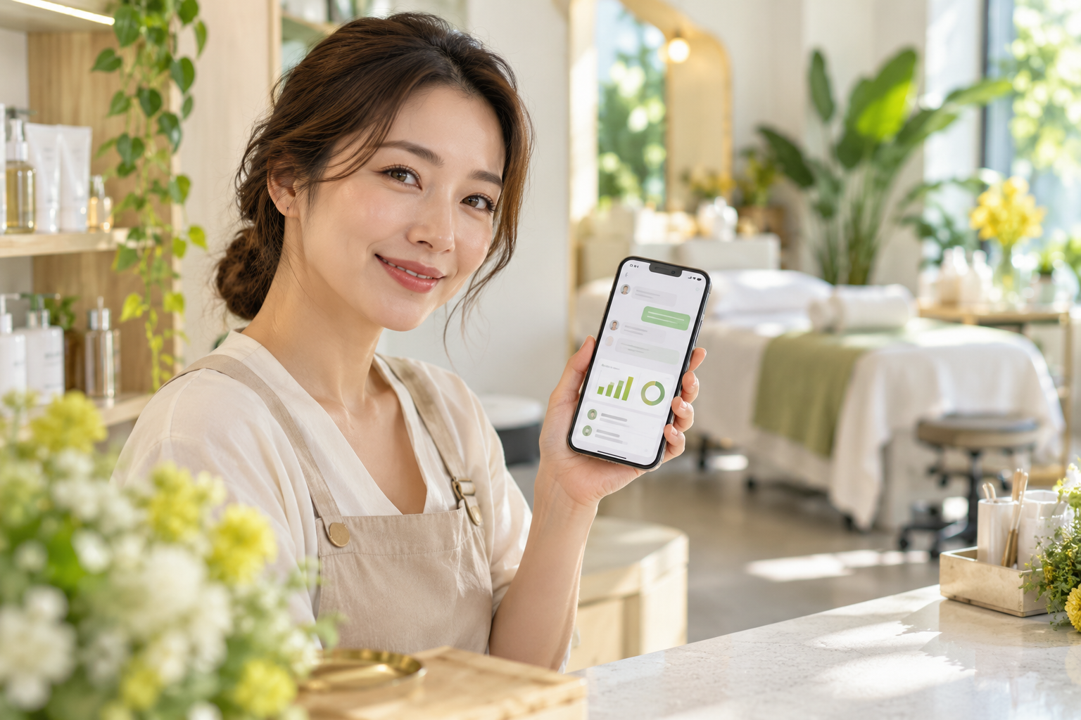 美容店店主用手機向 AI 營運助理查詢今日營收