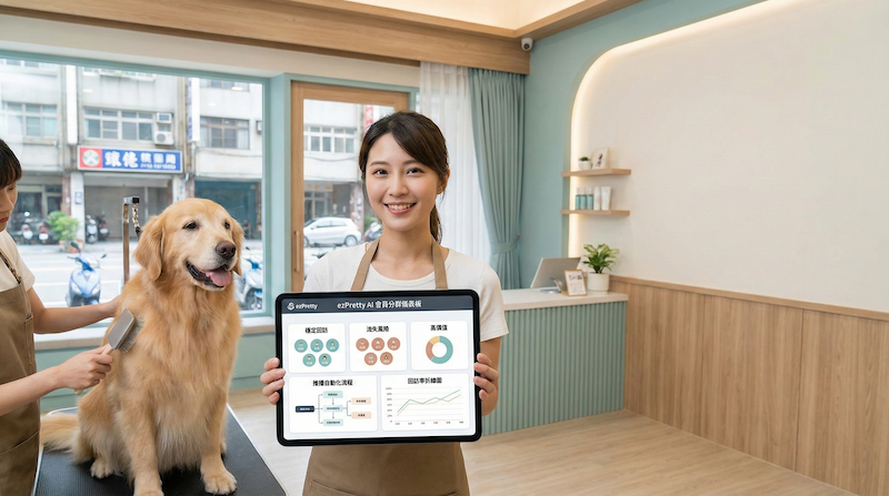 寵物美容店店長用平板查看 AI 會員分群儀表板，畫面包含回訪率、回訪窗口與推播自動化流程，旁邊有一隻可愛狗狗正在梳毛