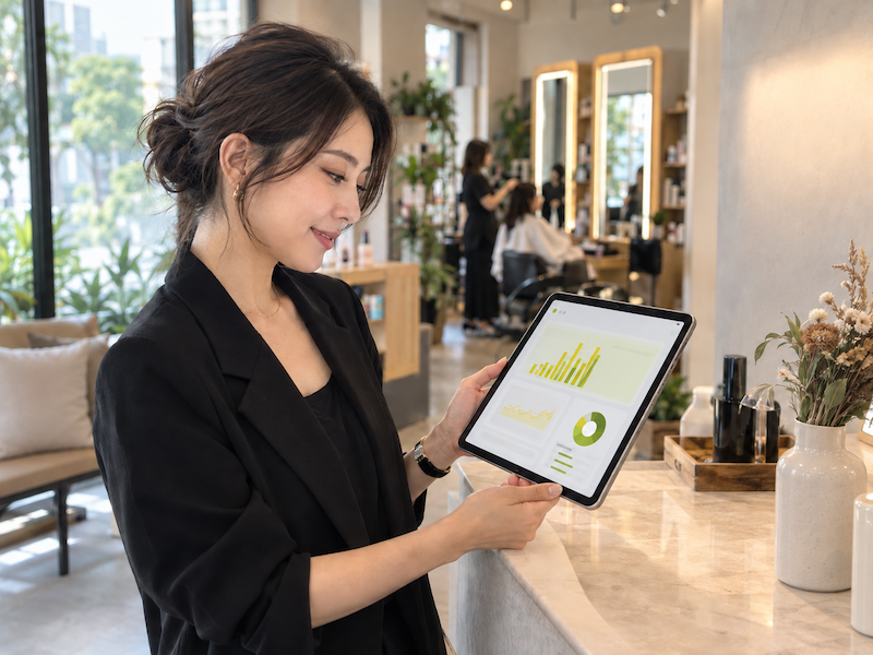 店主在平板上查看 AI 營運分析儀表板，檢視客單價與回訪率指標