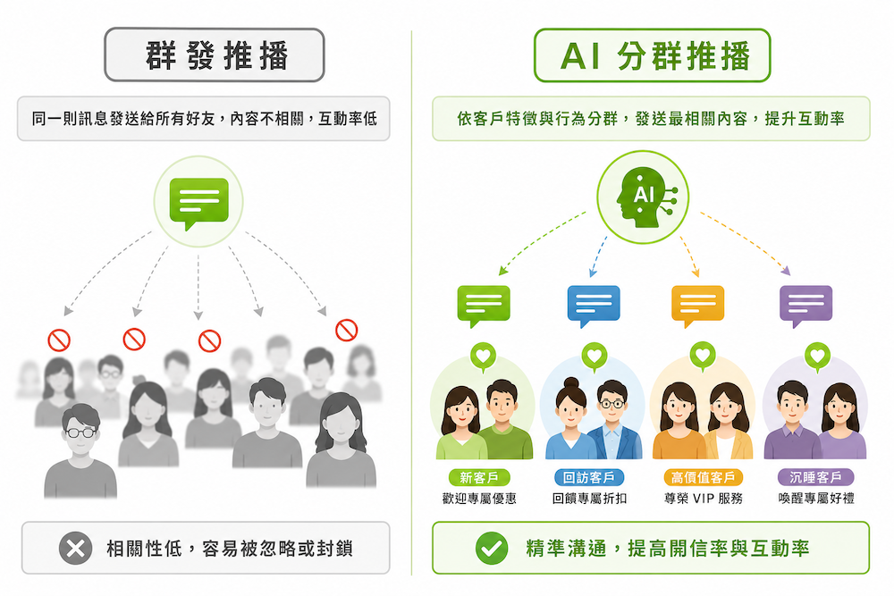 群發推播與 AI 分群推播在訊息相關性與封鎖風險上的對比示意圖