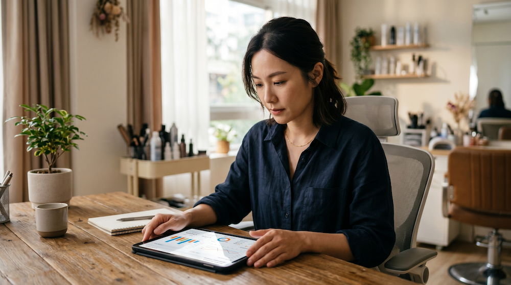 美容沙龍經營者使用平板查看預約分析報表