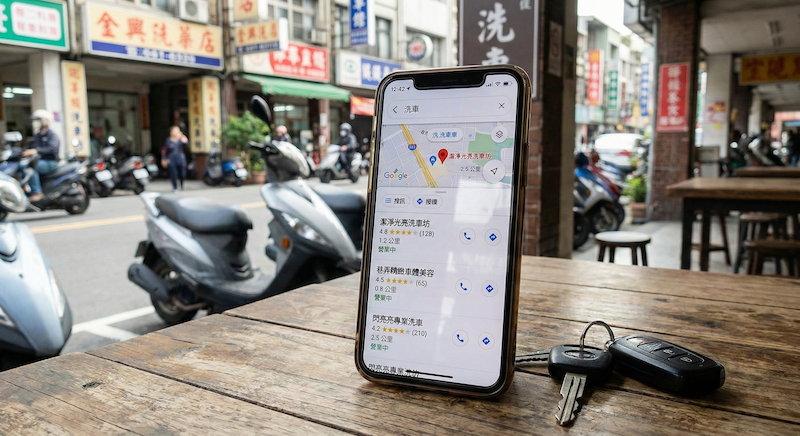 Google Maps 搜尋洗車店的排名結果示意，顯示評論星等與距離