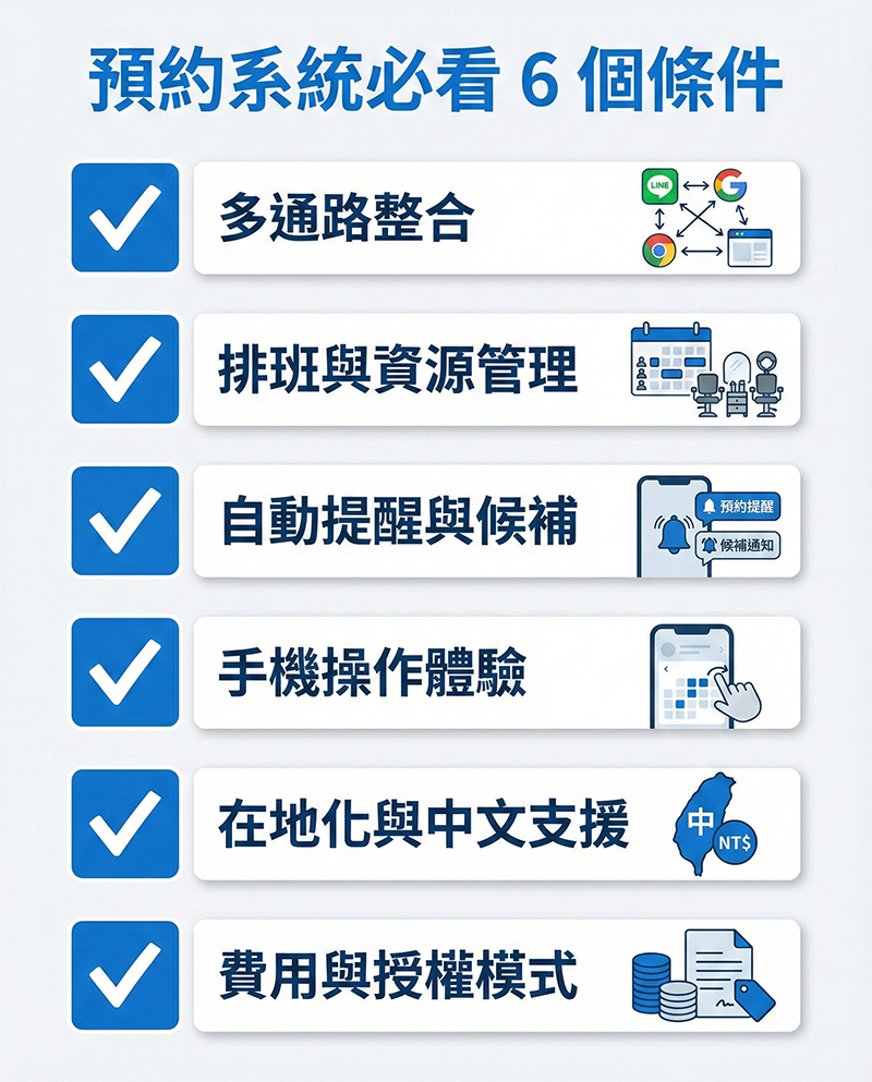 預約系統怎麼選：多通路整合、排班資源、自動提醒候補、手機操作、在地化支援、費用模式的 6 點檢查表