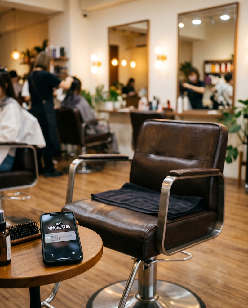美容店空置的服務椅與桌上的手機顯示預約取消通知