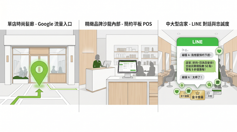 三種美業店型的經營情境差異示意圖