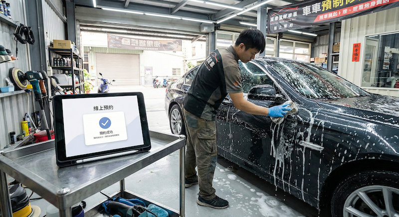 汽車美容師進行車體清潔作業，搭配線上汽車美容預約與洗車預約