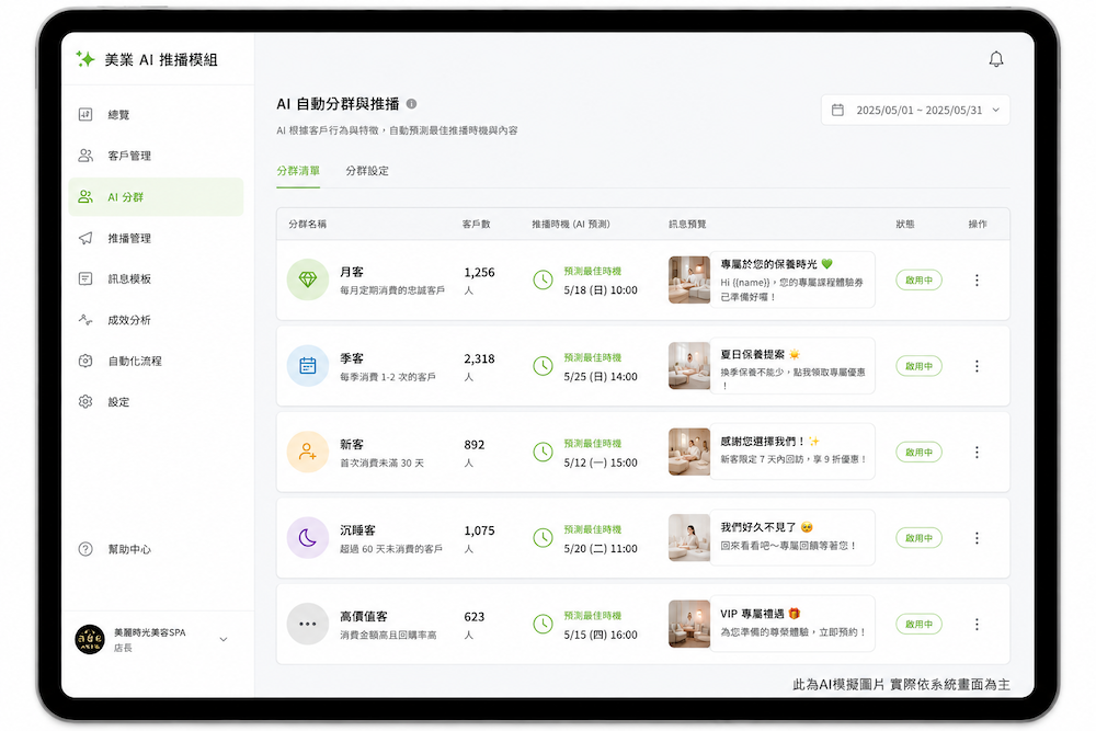 ezPretty AI 自動推播模組的分群設定與行為預測介面示意圖