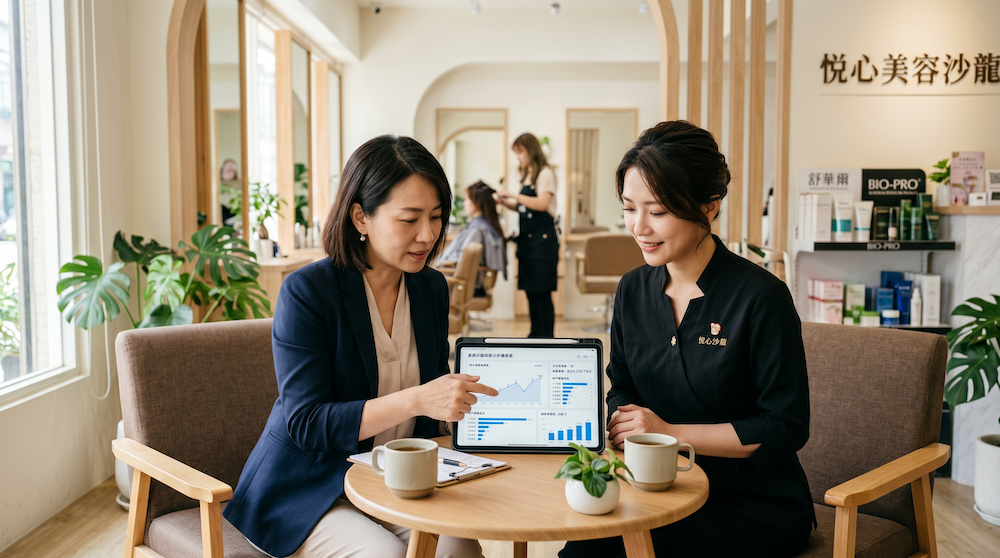 美容店老闆在店內與顧問坐下討論系統導入計畫，桌上有平板顯示 ezPretty 儀表板