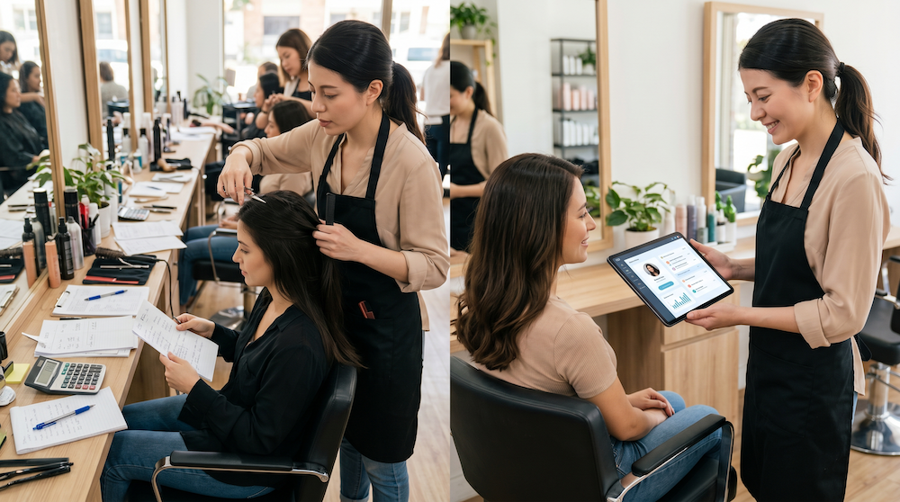 同一位設計師在手動流程與 AI 輔助流程下的工作狀態對比