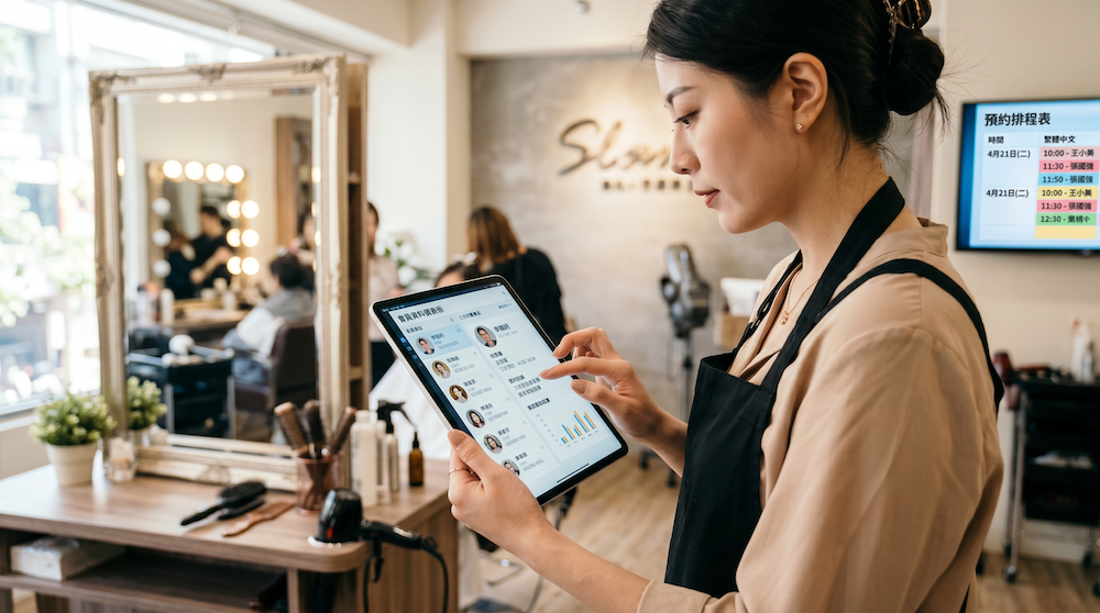 設計師使用平板展示整合的會員資料儀表板與預約排程畫面