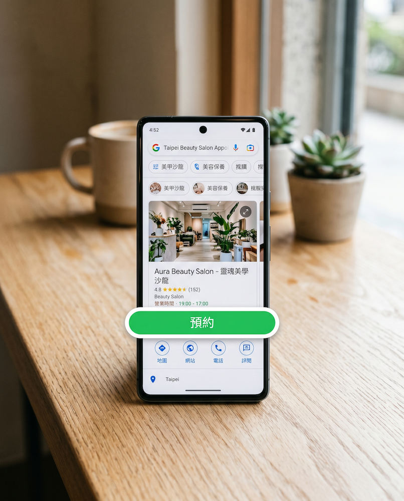 智慧型手機顯示 Google 搜尋結果，沙龍商家頁面內含預約按鈕