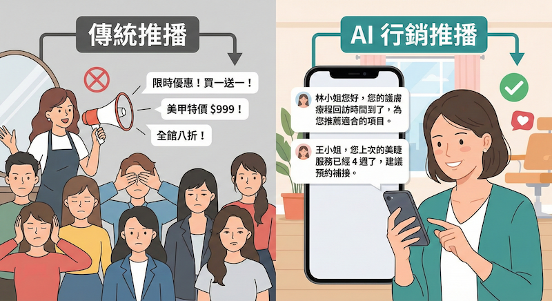 傳統推播與 AI 行銷推播差異比較，美業使用 ezPretty 進行個人化推播