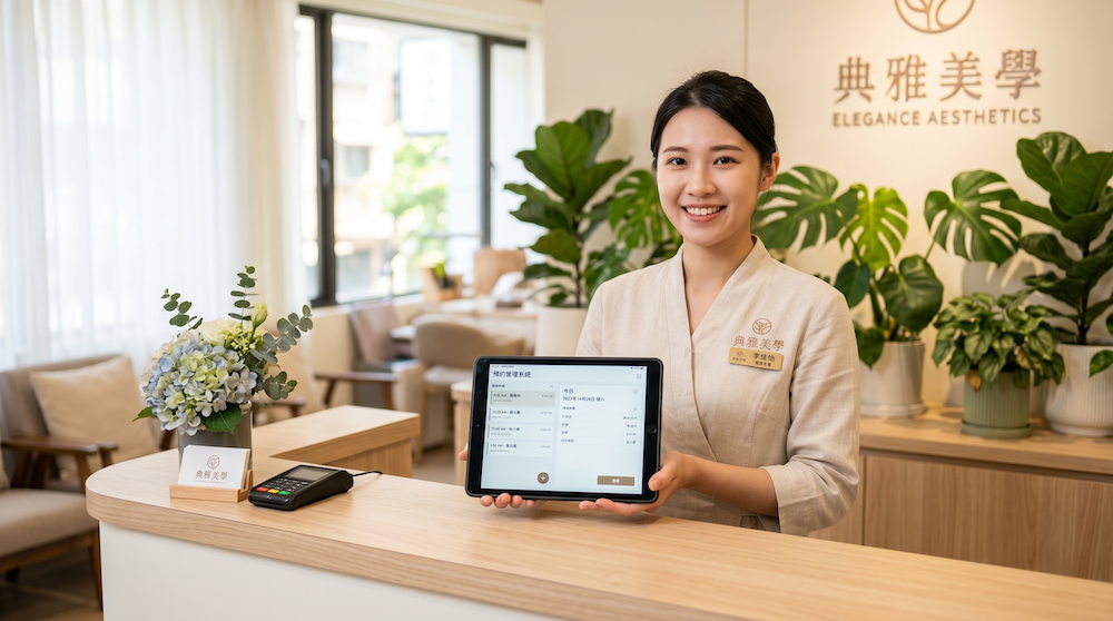 美容沙龍接待區，工作人員使用平板查看 AI 預約系統介面