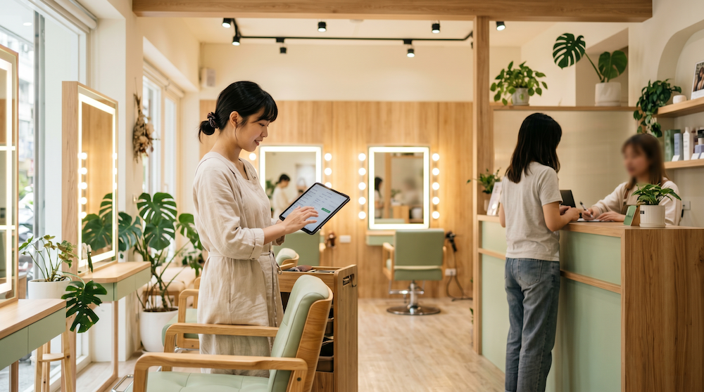 美容沙龍店內設計師使用平板電腦操作預約系統，櫃檯有客人辦理報到
