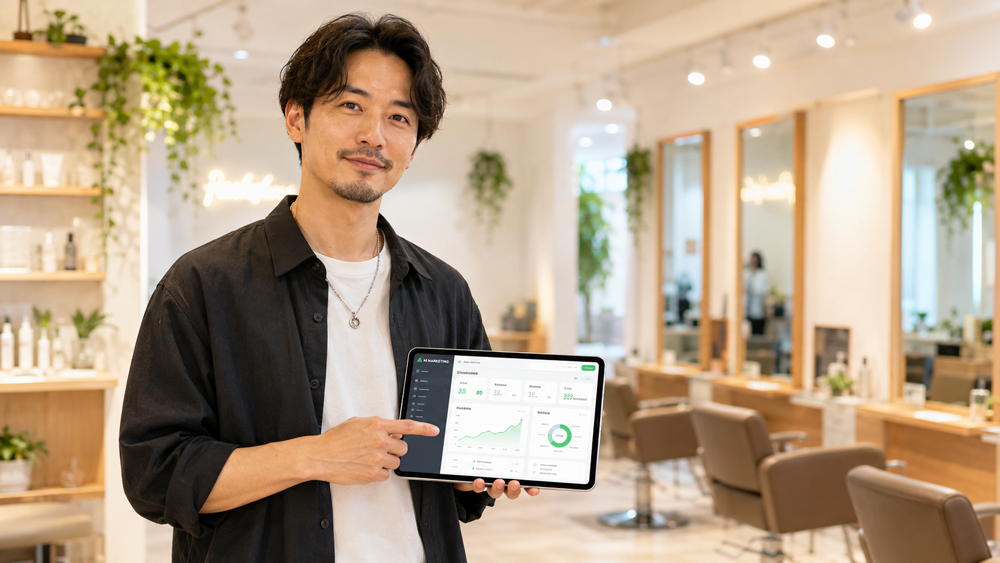 美業店家在平板上使用 AI 工具處理客服與行銷的示意畫面