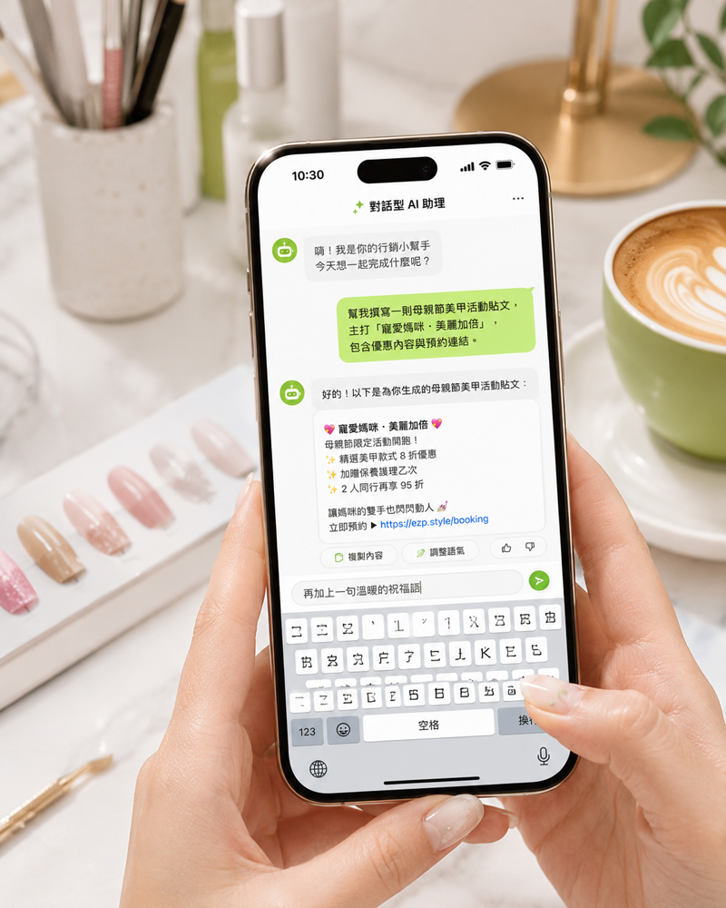 店家在手機上複製 AI 指令範例並貼入對話框的操作示意