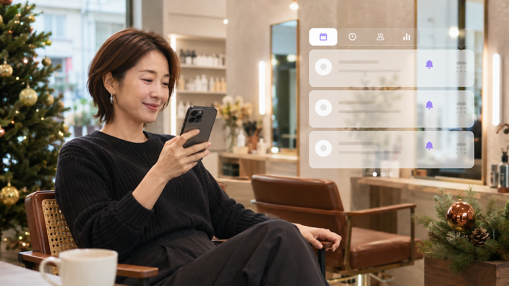 服務業店主於連假期間透過手機後台查看自動預約通知的情境