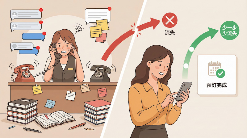 美容預約常見痛點示意：電話與私訊接單造成流失，改用 Google 線上預訂縮短流程