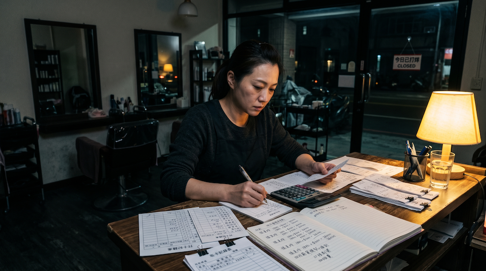 美容店老闆深夜在櫃檯後方使用計算機與紙本對帳算薪水的情境