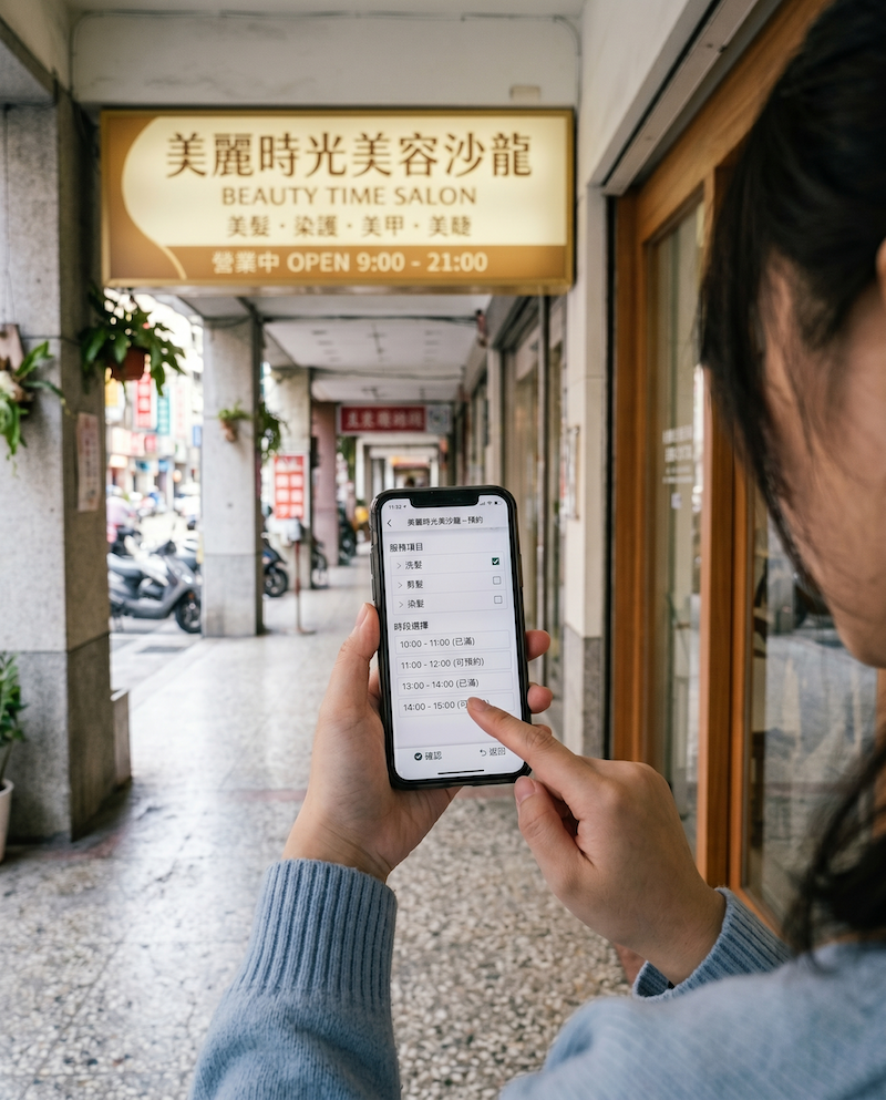 消費者用手機在美容店門口直接點擊線上預約按鈕的場景示意