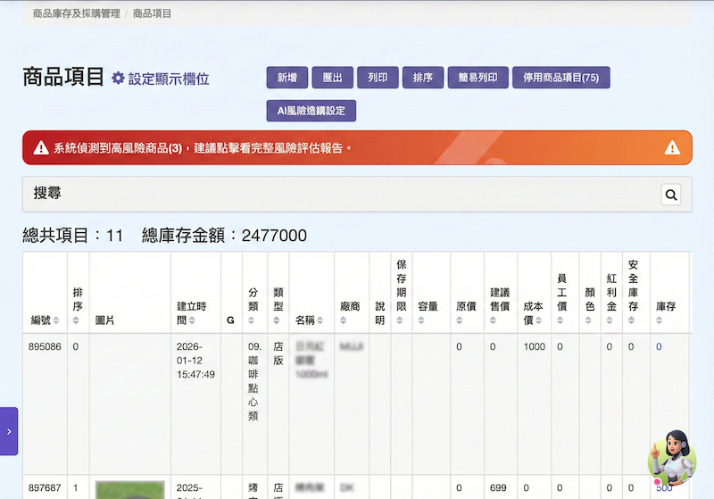 ezPretty 後台 AI 庫存管理主頁示意：風險追蹤、客數分析與庫存洞察